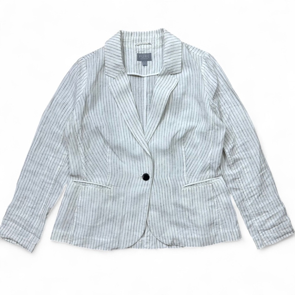 PURE Collection White Black Stripe 100% Linen Blazer Jacket Button Front US 8 10